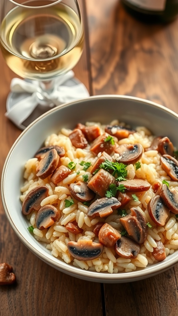 A bowl of creamy risotto with beef and mushrooms, garnished with parsley and Parmesan, on a rustic wooden table.